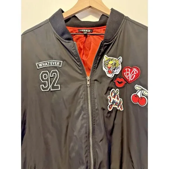 Torrid Bomber Jacket Women's Size 3/3X Patches Whatever 92 Love Cherries Lips - Picture 2 of 6